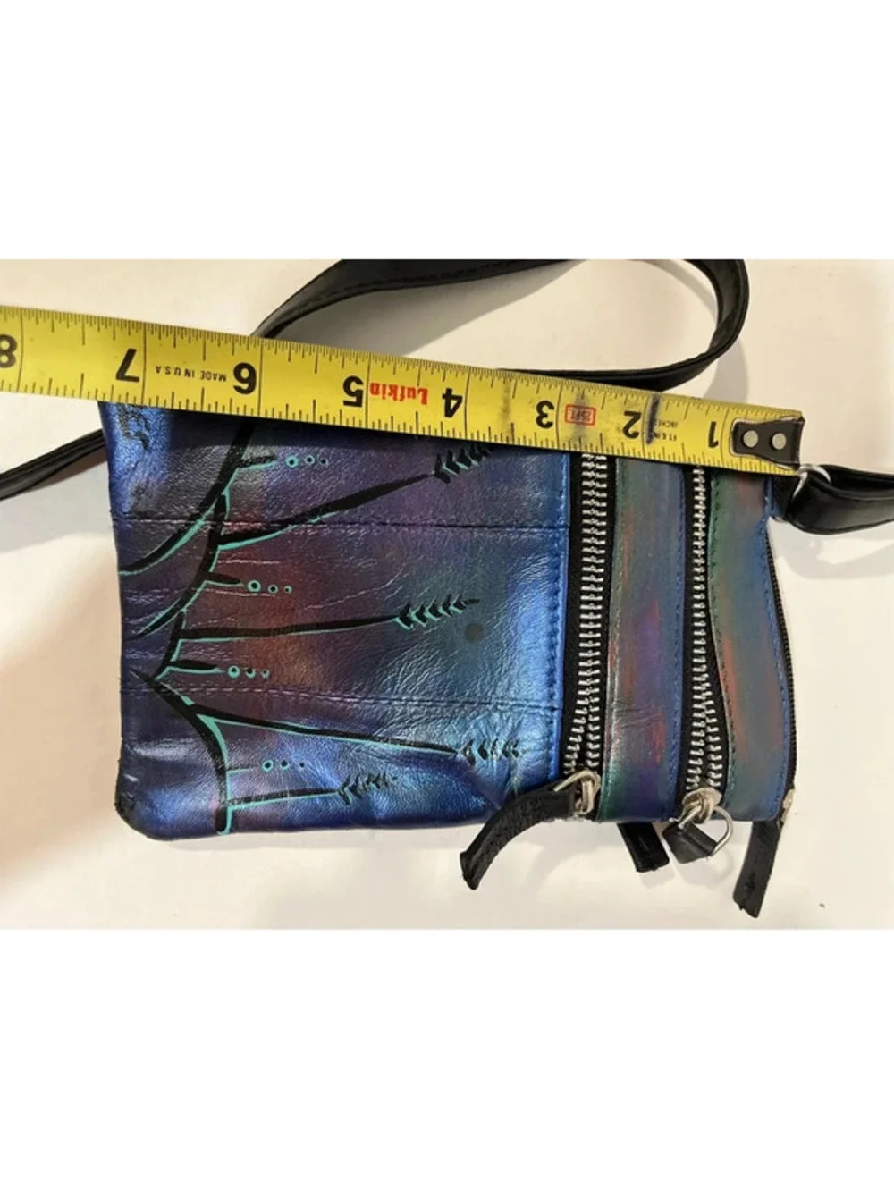Vintage Sues Handpainted Crossbody Bag Purse Signed Metallic Blue 7”